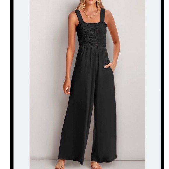anrabess Pants - Anrabess NWT Womens Black Smocked Wide Leg Jumpsuit - Smal